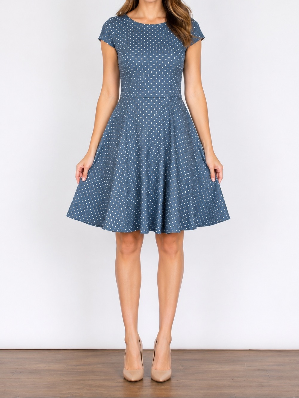 Dressy Star Vintage Style Blue & White Polka Dot Dress Womens Size M Retro